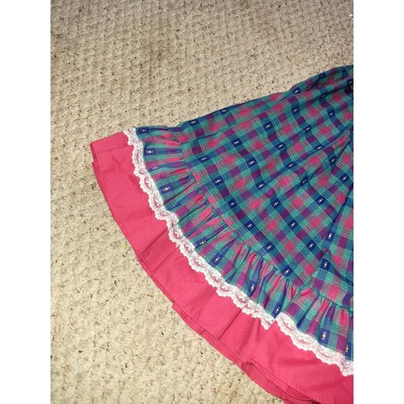 Vintage 70s Full Skirt Square Dancing Plaid‎ Pink Blue Lace Western Rockabilly M - Picture 2 of 6